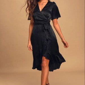 Lulu's Black Satin Faux Wrap Midi Dress